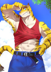  2023 abs absurd_res anthro belt blue_eyes bodily_fluids bottomwear brown_stripes clothing cloud colored eyebrows felid fur grin hi_res male mammal morenatsu multicolored_body multicolored_fur muscular muscular_anthro muscular_male pantherine pants pecs plant rotton shirt sky smile solo striped_body striped_fur stripes sweat tan_body tan_fur tank_top thick_eyebrows tiger topwear torahiko_(morenatsu) tree wiping_forehead yellow_body yellow_fur 