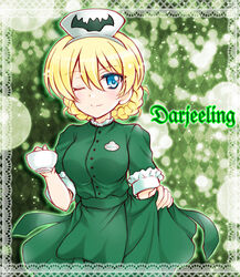  alternate_costume animal_print argyle_background bat_print blonde_hair blue_eyes braid character_name closed_mouth collar commentary_request cup darjeeling_(girls_und_panzer) dress female frilled_collar frills girls_und_panzer green_background green_dress hat holding holding_cup kuromori_yako looking_at_viewer nurse_cap one_eye_closed partial_commentary short_hair short_sleeves skirt_hold smile solo standing teacup tied_hair twin_braids white_hat 