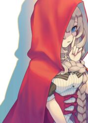  blue_eyes braid breasts buttons cloak dress fate/grand_order fate_(series) female grey_hair highres hood hood_up hooded_cloak index_finger_raised long_hair looking_at_viewer marie_antoinette_(fate) marie_antoinette_(festival_outfit)_(fate) medium_breasts official_alternate_costume parted_lips red_hood short_sleeves simple_background single_braid very_long_hair white_background white_dress yuurei447 