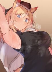  animal_ears arito_arayuru arknights arm_up armpits black_hat black_shirt blonde_hair blue_eyes breasts closed_mouth female garrison_cap hat highres horse_ears horse_girl horse_tail large_breasts long_hair looking_at_viewer shirt sleeveless sleeveless_shirt smile solo steam sweat tail upper_body whislash_(arknights) 