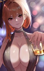  alcohol blush breasts character_request cleavage_cutout closed_mouth clothing_cutout collarbone commentary_request commission cup dress dungeon_and_fighter eyelashes female hair_between_eyes hair_ornament halter_dress halterneck holding holding_cup ice ice_cube korean_commentary large_breasts looking_at_viewer moth1 orange_hair red_eyes solo upper_body 