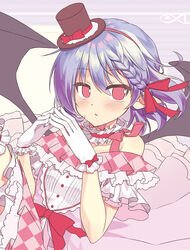  alternate_costume bare_shoulders bat_wings beni_kurage blush bow braid breasts buttons checkered_clothes checkered_dress commentary_request dress dress_bow eyelashes female fingers_together frilled_dress frills gloves hair_ribbon hat highres light_purple_hair looking_to_the_side mini_hat no_headwear off-shoulder_dress off_shoulder open_mouth pointy_ears red_bow red_eyes red_ribbon remilia_scarlet ribbon short_hair single_braid small_breasts solo steepled_fingers top_hat touhou tress_ribbon unworn_headwear white_gloves wings 