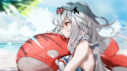  arknights bare_shoulders beach breasts commentary_request eyewear_on_head female from_side grey_hair hair_ornament hellnyaa highres holding holding_toy inflatable_orca inflatable_toy long_hair medium_breasts no_headwear off-shoulder_shirt off_shoulder official_alternate_costume outdoors red_eyes shirt short_sleeves skadi_(arknights) skadi_(waverider)_(arknights) solo sunglasses swimsuit toy upper_body whale_hair_ornament white_shirt 