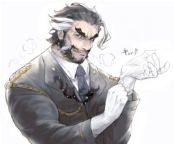  1boy :q adjusting_clothes adjusting_gloves ahoge bara commentary_request daikoku_(housamo) epaulettes facial_hair forked_eyebrows formal gloves grey_eyes highres isuke licking_lips long_sleeves looking_at_viewer male_focus moustache multicolored_hair muscular muscular_male mutton_chops necktie partial_commentary sideburns simple_background solo thick_eyebrows tokyo_afterschool_summoners tongue tongue_out two-tone_hair uniform upper_body white_background white_gloves 