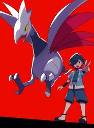  1boy bird black_wristband blue_eyes blue_hair blue_jacket blue_kimono commentary_request falkner_(pokemon) hair_over_one_eye highres jacket japanese_clothes kimono kneehighs male_focus open_clothes open_jacket open_mouth outstretched_arm pokemon pokemon_(creature) pokemon_hgss red_background sash shoes short_hair short_sleeves skarmory socks standing tongue tyako_089 white_legwear wristband 