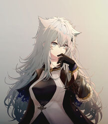  animal_ears arknights black_gloves black_jacket black_shirt blue_eyes breasts commentary expressionless extra_ears eyelashes female finger_to_face gloves grey_background hair_between_eyes highres jacket jewelry lappland_(arknights) lappland_(refined_horrormare)_(arknights) long_hair looking_to_the_side medium_breasts necklace official_alternate_costume open_clothes open_jacket runamonet scar scar_across_eye scar_on_face shirt skull_necklace solo upper_body weapon white_hair wolf_ears 