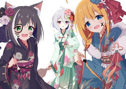  3girls ahoge animal_ear_fluff animal_ears black_flower black_hair black_kimono blonde_hair blue_eyes blush braid breasts brush cat_ears cat_girl elf facial_mark floral_print flower green_eyes green_kimono hagoita hair_between_eyes hair_flower hair_ornament holding holding_brush japanese_clothes karyl_(new_year)_(princess_connect!) karyl_(princess_connect!) kimono kokkoro_(new_year)_(princess_connect!) kokkoro_(princess_connect!) long_hair looking_at_viewer medium_hair multicolored_hair multiple_girls open_mouth orange_hair paddle parted_lips pecorine_(new_year)_(princess_connect!) pecorine_(princess_connect!) pink_flower pointy_ears princess_connect! print_kimono purple_eyes purple_flower red_flower short_hair small_breasts streaked_hair syurimp two-tone_kimono whisker_markings white_background white_flower white_hair white_kimono wide_sleeves 