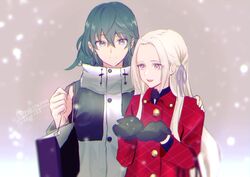  2girls breath byleth_(female)_(fire_emblem) byleth_(fire_emblem) coat commentary_request couple edelgard_von_hresvelg fire_emblem fire_emblem:_three_houses fur_coat fur_trim long_hair mittens multiple_girls plaid plaid_scarf protected_link scarf snow snowing white_hair winter winter_clothes winter_coat yukiyanagi_raki yuri 