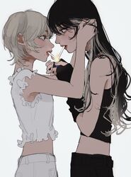  2girls black_eyes black_gloves black_hair black_nails black_pants black_shirt blonde_hair cigarette cigarette_kiss crop_top fingerless_gloves frilled_shirt frills gloves grey_background grey_eyes hands_on_another&#039;s_head heads_together highres holding holding_lighter in_mouth lighter long_hair mole mole_under_eye mole_under_mouth multicolored_hair multiple_girls original pants shirt sleeveless sleeveless_shirt streaked_hair tami_moon white_pants white_shirt yuri 