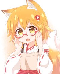  animal_ears apron araki495 bespectacled blonde_hair blush brown_apron brown_eyes commentary_request female flower fox_ears fox_girl fox_tail glasses hair_between_eyes hair_flower hair_ornament hands_up highres japanese_clothes kimono long_sleeves looking_at_viewer oerba_yun_fang open_mouth red-framed_eyewear red_flower ribbon-trimmed_kimono ribbon-trimmed_sleeves ribbon_trim semi-rimless_eyewear senko_(sewayaki_kitsune_no_senko-san) sewayaki_kitsune_no_senko-san solo tail tail_raised under-rim_eyewear upper_body white_kimono wide_sleeves yellow_tail 