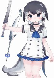  black_choker blue_bow blue_eyes blush bow cetacean_tail choker collarbone dress drillhorn_sword female fins fish_tail food frilled_dress frills grey_hair hairbow highres japari_bun kemono_friends looking_at_viewer multicolored_hair narwhal narwhal_(kemono_friends) neck_ruff protected_link puffy_short_sleeves puffy_sleeves sailor_dress short_hair short_hair_with_long_locks short_sleeves solo sword tail toxicnyannyan weapon white_dress white_hair 