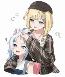  2girls ? ace_kin bad_id bad_pixiv_id blonde_hair blue_eyes blue_hair gawr_gura gawr_gura_(casual) gradient_hair grey_hair hair_ornament hairclip hat highres hololive hololive_english long_sleeves multicolored_hair multiple_girls official_alternate_costume short_hair virtual_youtuber watson_amelia watson_amelia_(street_casual) 