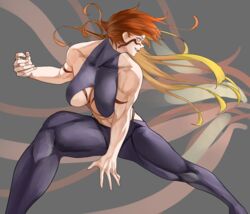  abs absurdres banryu_illust bare_arms bare_shoulders biceps blonde_hair body_markings breasts cleavage clenched_hand commentary facial_mark female fighting_stance fuuma_kotarou_(tenkaichi) gradient_hair grey_background halterneck highres japanese_clothes large_breasts long_hair looking_at_another looking_to_the_side multicolored_hair muscular muscular_female open_hand orange_hair red_eyes red_hair smile smirk smug tenkaichi_nihon_saikyou_bugeisha_ketteisen thick_thighs thighs 