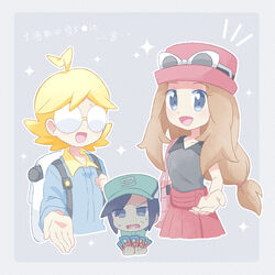  2boys ahoge akasaka_(qv92612) backpack bag baseball_cap black_hair blonde_hair blue_jumpsuit brown_hair card clemont_(pokemon) collared_shirt commentary_request eyewear_on_headwear female glasses green_headwear grey_background grey_eyes handbag hat high_collar highres holding holding_card jumpsuit long_hair long_sleeves multiple_boys notice_lines opaque_glasses open_mouth outstretched_hand pink_bag pink_headwear pokemon pokemon_masters_ex pokemon_xy red_skirt round_eyewear scottie_(pokemon) serena_(pokemon) shirt short_hair skirt sleeveless sleeveless_shirt sparkle sunglasses sweat tongue translation_request white-framed_eyewear white_bag 