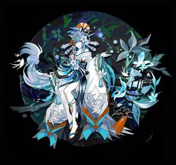  absurdres aoandon aqua_butterfly bare_shoulders black_background blue_eyes bug butterfly female floating_hair flower grey_hair hair_flower hair_ornament hand_up highres leaf long_hair long_sleeves looking_at_viewer low-tied_long_hair onmyoji plant shan_gui_yu_yao solo tassel very_long_hair white_butterfly wide_shot wide_sleeves 