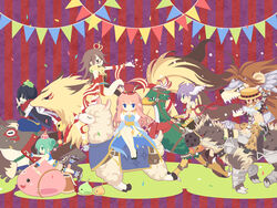  3boys 3girls allegretto_(pixiv) animal animal_around_neck animal_print arch_bishop_(ragnarok_online) armband bandages banner bell bird black_eyes black_footwear black_hair black_jacket blue_dress blue_eyes blue_pants blue_shirt blush brown-framed_eyewear brown_footwear brown_gloves brown_hair brown_jacket brown_pants brown_shorts chains closed_mouth commentary_request confetti crown double_bun dress drops_(ragnarok_online) fingerless_gloves fishnet_legwear fishnets fox frog frog_on_head full_body glasses gloves goggles green_eyes green_hair hair_between_eyes hair_bun hat head_wings high_heels holding hyena jacket jingle_bell leopard_print lion llama long_hair looking_at_another looking_to_the_side multiple_boys multiple_girls ninja_(ragnarok_online) open_mouth oversized_animal pants party_hat pink_hair pointing poporing poring pouch professor_(ragnarok_online) purple_background purple_hair ragnarok_online red_background red_hair red_scarf riding riding_bird round_eyewear saddle scarf shadow_chaser_(ragnarok_online) shirt shoes short_hair shorts shrug_(clothing) sleeveless sleeveless_shirt slime_(creature) smile sniper_(ragnarok_online) striped striped_background super_novice_(ragnarok_online) teeth tinted_eyewear top_hat two-tone_dress white_dress wings yellow_gloves yellow_headwear yellow_shirt 