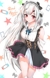  absurdres alternate_costume anniversary arms_behind_back black_skirt blue_bow blush bow breasts collarbone detached_sleeves elphe female frills game_console hairband highres hololive horns lolita_hairband long_hair medium_breasts nakiri_ayame nakiri_ayame_(girly) nintendo_switch official_alternate_costume red_eyes skin-covered_horns skirt smile solo star_(sky) suspender_skirt suspenders very_long_hair virtual_youtuber white_hair 