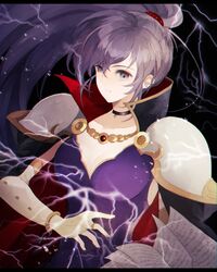  armor bad_id bad_twitter_id book breasts bridal_gauntlets cape choker cleavage collarbone dress earrings elbow_gloves electricity female fingerless_gloves fire_emblem fire_emblem:_genealogy_of_the_holy_war gloves highres holding holding_book ishtar_(fire_emblem) jewelry kro light_purple_hair lightning long_hair medium_breasts open_book ponytail purple_dress purple_eyes shoulder_armor shoulder_pads solo storm upper_body white_gloves 