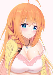  ahoge bare_shoulders blue_eyes blush braid breast_hold breasts cleavage closed_mouth female hair_between_eyes highres jewelry large_breasts long_hair looking_at_viewer necklace orange_hair pecorine_(princess_connect!) pecorine_(real)_(princess_connect!) princess_connect! simple_background smile solo syurimp upper_body very_long_hair white_background 