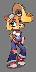  2020 activision anthro belt blonde_hair clothing coco_bandicoot crash_(series) eyewear eyewear_on_head female fingers footwear goggles goggles_on_head hair kaitou long_hair mammal marsupial overalls shirt signature simple_background smile solo teeth topwear 