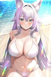  ai-assisted animal_ear_fluff animal_ears arms_behind_back bare_shoulders beach bikini blush breasts cleavage dungeon_and_fighter eyeliner female highres large_breasts makeup navel ocean outdoors purple_hair sitting skindentation smile solo sunlight swimsuit thigh_gap thighs uonuma_yuu white_bikini 