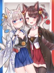  +++ ... 2girls :d absurdres aged_down akagi-chan_(azur_lane) alternate_hairstyle animal_ears aqua_eyes azur_lane bell black_hair black_thighhighs blunt_bangs blush bow breasts cleavage collarbone commentary_request detached_collar embarrassed eyes_visible_through_hair eyeshadow flying_sweatdrops fox_ears fox_girl fox_tail hair_ribbon hairbow highres himeno_ame japanese_clothes kaga_(azur_lane) kitsune kyuubi long_hair looking_at_viewer makeup multiple_girls multiple_tails musical_note oerba_yun_fang open_mouth orange_eyes pleated_skirt ponytail ribbon short_ponytail short_twintails sidelocks skirt small_breasts smile spoken_musical_note sweatdrop tail thighhighs twintails white_hair wide_sleeves zettai_ryouiki 