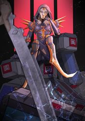  4o3o absurdres android animification apex_legends ash_(titanfall_2) blue_eyes box death_box_(apex_legends) electricity expressionless fallen_angel_ash female fur_trim hand_on_own_cheek hand_on_own_face highres hood hood_up metal_skin no_humans science_fiction shoulder_spikes simulacrum_(titanfall) solo spikes sword weapon 