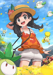  :d absurdres bare_shoulders black_hair blue_sky breasts bug buzzwole collarbone cutiefly day female field flower flower_field gonzarez happy hat highres light_rays mosquito muscular open_mouth oricorio oricorio_(pom-pom) outdoors petals petilil pokemon pokemon_(creature) pokemon_usum red_flower selene_(pokemon) shirt short_hair shorts sky sleeveless sleeveless_shirt small_breasts smile standing sun_hat sunflower sunflower_field sunlight swept_bangs teeth upper_teeth_only white_shorts wind 