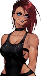  absurdres blue_eyes breasts cigarette cleavage cyberpunk_(series) cyberpunk_2077 cyborg female highres medium_breasts nsfwolf red_hair science_fiction short_hair sideboob simple_background smoking solo toned undercut v_(cyberpunk) valerie_(cyberpunk) white_background 