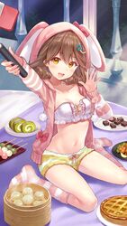  :d absurdres animal_ears animal_hood arm_up bad_anatomy bamboo_steamer baozi beads bow bra breasts brown_hair cake chicken_(food) cleavage collarbone cross-laced_clothes curly_hair dango drawstring fake_animal_ears female fluffy_legwear food fried_chicken frills fukahire_(ruinon) girl_cafe_gun hair_beads hair_ornament hand_up highres holding hood hooded_jacket jacket lingerie long_sleeves looking_at_viewer medium_breasts medium_hair midriff navel no_shoes official_art on_table open_clothes open_jacket open_mouth outstretched_arm pie pink_jacket plate pom_pom_(clothes) sanshoku_dango selfie selfie_stick short_shorts shorts sitting smile socks solo spread_fingers stomach striped_clothes striped_socks su_xiaozhen swiss_roll table tablecloth thighs underwear wagashi wariza waving white_bra yellow_eyes yellow_shorts 