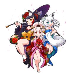  3girls animal_ear_fluff animal_ears ayafubumi_(hololive) black_hair black_kimono braid cherry_blossoms commentary_request detached_sleeves double_bun earrings floral_print flower fox_ears fox_girl green_eyes hair_between_eyes hair_bun hair_flower hair_ornament hair_up highres holding holding_mask holding_smoking_pipe holding_umbrella hololive horns japanese_clothes jewelry kaerun kimono long_hair looking_at_viewer mask multicolored_hair multiple_girls nakiri_ayame obi off_shoulder oil-paper_umbrella oni_mask ookami_mio open_mouth petals red_eyes red_hair red_kimono sash shirakami_fubuki sidelocks simple_background single_braid skin-covered_horns smoking_pipe two-tone_hair umbrella virtual_youtuber white_background white_hair white_kimono wide_sleeves wolf_ears wolf_girl yellow_eyes 