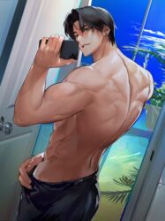  1boy absurdres back back_focus bara black_hair black_towel blue_sky cloud day door earrings eloseu_(haribochase) green_eyes highres holding holding_phone jewelry looking_at_phone male_focus muscular muscular_male open_door original phone selfie short_hair sky smile solo taking_picture topless_male towel towel_around_waist 