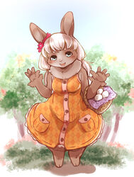  2020 accessory anthro basket blue_eyes brown_body brown_fur clothed clothing container dress egg female flower flower_in_hair fur hair hair_accessory kemono lagomorph leporid mammal plant rabbit setouchi_kurage solo 