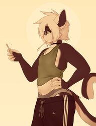  adidas anthro athletic_wear black_body black_fur bottomwear clothing digital_media_(artwork) domestic_cat electronics felid feline felis femboy fur hi_res male mammal nextel pants phone proby shaded shirt solo sweatpants tank_top topwear underwear white_body white_fur 