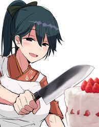  absurdres anchor_print apron black_eyes black_hair blue_hair blush breasts brown_eyes cake commentary_request female floral_print food hair_ribbon highres holding holding_knife houshou_(kancolle) japanese_clothes kantai_collection kihou_no_gotoku_dmc kimono kitchen_knife knife long_hair meme open_mouth parody pink_kimono ponytail ribbon santoku_knife simple_background smile solo strawberry_shortcake tsukiji_uogashi_sandaime upper_body white_apron white_background 