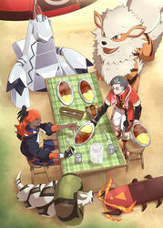  2boys arcanine bad_id bad_pixiv_id batabiru black_hair black_hoodie bowl centiskorch closed_mouth collared_shirt commentary_request cup curry dark-skinned_male dark_skin day duraludon dynamax_band earrings food gloves highres holding holding_plate holding_spoon hood hoodie jewelry kabu_(pokemon) knees male_focus multicolored_hair multiple_boys open_mouth outdoors partially_fingerless_gloves plate pokemon pokemon_(creature) pokemon_swsh raihan_(pokemon) red_legwear sandaconda shirt shoes short_sleeves shorts side_slit side_slit_shorts single_glove sitting socks spoon standing stool table towel towel_around_neck two-tone_hair 