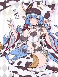  animal_ears animal_hat animal_print argyle_background blue_hair blush border breasts catura_(granblue_fantasy) cleavage commentary cow_ears cow_girl cow_print detached_sleeves draph ear_piercing female glass_bottle granblue_fantasy hat highres horns large_breasts ll_0109 long_hair looking_at_viewer notice_lines outside_border piercing sandals see-through shorts solo symbol-only_commentary thighhighs v very_long_hair white_shorts wide_sleeves 