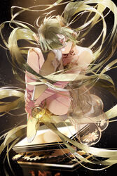  alternate_hair_color armlet bare_shoulders black_background blurry breasts brown_ribbon collarbone colored_eyelashes commentary dress eyelashes female gears gold gold_choker gold_trim gramophone_miku green_dress green_eyes green_hair green_nails hair_between_eyes hair_over_one_eye hatsune_miku highres hugging_own_legs knees_up light_particles long_hair looking_down miku_symphony_(vocaloid) neck_ribbon one_eye_covered reika_(iamreika) ribbon single_thighhigh sitting small_breasts solo strapless strapless_dress thighhighs thighs twintails very_long_hair vocaloid 