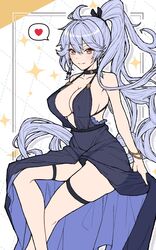  ahoge black_dress blue_hair blush border bow bracelet braid breasts choker cleavage clothing_cutout collarbone diamond_(shape) dotted_line dress feet_out_of_frame female granblue_fantasy grid_background hairbow halter_dress halterneck heart high_ponytail highres jewelry large_breasts ll_0109 long_hair looking_at_viewer official_alternate_costume outside_border ponytail ring see-through see-through_dress silva_(gentian_blue)_(granblue_fantasy) silva_(granblue_fantasy) smile solo spoken_heart thighs twin_braids very_long_hair yellow_eyes 