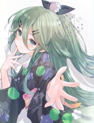  absurdres alternate_costume black_ribbon blue_eyes blush closed_mouth female floral_print flower from_side green_hair hair_between_eyes hair_flower hair_ornament hair_ribbon hairclip hand_on_own_face highres kanae_(inorin05kanae) kantai_collection long_hair long_sleeves looking_at_viewer looking_to_the_side obi one_side_up outstretched_arm outstretched_hand ribbon sash simple_background smile solo translation_request upper_body very_long_hair white_background wide_sleeves yamakaze_(kancolle) 