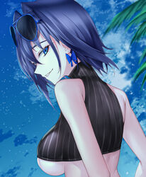  bare_shoulders bikini blue_eyes bow bow_earrings breasts close-up crop_top earrings eyewear_on_head female from_behind hair_intakes highres hololive hololive_english jewelry large_breasts looking_at_viewer looking_back night night_sky ouro_kronii ouro_kronii_(1st_costume) parted_lips rebyo ribbon_earrings short_hair sideboob sky sleeveless sleeveless_turtleneck smirk solo star_(sky) starry_sky sunglasses swimsuit turtleneck underboob upper_body virtual_youtuber 