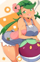  artist_name ball bounsweet breasts character_print collarbone dark-skinned_female dark_skin female flower green_eyes green_hair hair_flower hair_ornament highres holding holding_ladle jellcaps ladle large_breasts long_hair looking_at_viewer mallow_(pokemon) open_mouth pokemon pokemon_sm smile teeth thighs upper_teeth_only 