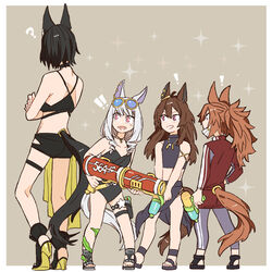  ! !! 4girls ? aged_down ahoge alternate_costume alternate_hair_length alternate_hairstyle animal_ears asuka_(junerabitts) bare_shoulders bikini black_bikini black_footwear black_one-piece_swimsuit black_sarong brown_hair casual_one-piece_swimsuit eyewear_on_head from_behind full_body gold_ship_(run_revolt_launcher)_(umamusume) gold_ship_(umamusume) grey_hair holding holding_water_gun horse_ears horse_girl horse_tail jacket kin&#039;iro_ryotei_(umamusume) long_hair looking_to_the_side mask midriff mouth_mask multiple_girls nakayama_festa_(entrust_myself_to_the_dice)_(umamusume) nakayama_festa_(umamusume) number_pun official_alternate_costume one-piece_swimsuit orfevre_(umamusume)_(old_design) pants purple_eyes red_jacket sandals sarong short_hair sunglasses swimsuit tail tail_through_clothes tinted_eyewear track_jacket track_pants umamusume water_gun yellow-framed_eyewear 