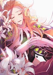  1boy bishounen blonde_hair closed_eyes fate/grand_order fate_(series) flower formal gloves green_eyes high_collar highres lily_(flower) long_hair long_sleeves male_focus mizuki_(mz) no_headwear own_hands_together sleeping solo upper_body very_long_hair white_gloves wolfgang_amadeus_mozart_(fate) 