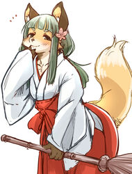  2020 accessory anthro asian_clothing bottomwear broom canid canine cleaning_tool clothed clothing east_asian_clothing female flower flower_in_hair fox green_hair hair hair_accessory hakama haori holding_object japanese_clothing kemono mammal plant red_bottomwear red_clothing red_hakama setouchi_kurage simple_background solo white_background 