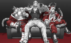  3boys abs animal_ears antlers arknights bara bare_pectorals black_tank_top bulge chain_necklace chains christmas couch dog_tags furry furry_male highres hood hoodie horns jacket jacket_on_shoulders jewelry large_pectorals leaning_to_the_side live_a_hero looking_at_viewer male_focus mask mountain_(arknights) multiple_boys muscular muscular_male necklace nimbus_(world_flipper) no_nipples official_alternate_costume on_couch open_clothes open_jacket pants pectoral_cleavage pectorals red_hoodie red_theme reindeer_antlers ryekie_(drunk_tiger)_(live_a_hero) ryekie_(live_a_hero) santa_costume scar scar_across_eye scar_on_face short_hair shoulder_spikes sidepec sitting skarltano smug spikes spot_color striped_fur striped_tail tail tank_top tiger_boy tiger_ears tiger_tail white_fur white_hair white_pants world_flipper 