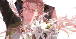  1boy absurdres alternate_costume ascot bag bishounen blonde_hair collared_shirt fate/grand_order fate_(series) flower formal green_eyes high_collar highres holding holding_bag lily_(flower) long_hair long_sleeves looking_at_viewer male_focus mizuki_(mz) shirt smile solo upper_body very_long_hair wolfgang_amadeus_mozart_(fate) 