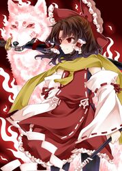  aura bad_id bad_twitter_id black_legwear bow brown_hair closed_mouth commentary_request detached_sleeves fangs female frilled_bow frilled_hair_tubes frilled_skirt frills gohei hair_tubes hairbow hakurei_reimu holding holding_stick katana long_hair looking_to_the_side mouth_hold nontraditional_miko red_bow red_eyes red_skirt red_vest ribbon-trimmed_sleeves ribbon_trim scabbard scarf serious sheath sidelocks skirt solo standing stick sword touhou vest weapon white_sleeves wide_sleeves wily_beast_and_weakest_creature wolf wolf_spirit_(touhou) yellow_scarf zetsumame 