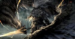  1boy absurdres battle covered_face dark_souls_(series) dark_souls_iii dragon feathered_dragon grey_hair highres holding holding_sword holding_weapon huge_weapon ibuo_(ibukht1015) king_of_the_storm lightning long_hair male_focus messy_hair nameless_king polearm solo spear sword weapon wyvern 