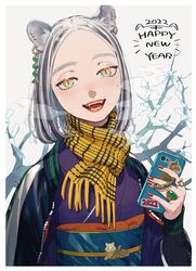  2022 :d aburage_(motimotigg20) animal_ears blue_eyes blush cellphone chinese_zodiac ear_piercing fangs female grey_hair half-closed_eyes happy_new_year highres holding holding_phone jacket jacket_on_shoulders japanese_clothes jewelry kimono multicolored_eyes multicolored_hair nail_polish open_mouth orange_eyes original outdoors parted_bangs phone piercing red_nails ring scarf smartphone smile solo sticker streaked_hair tiger_ears tiger_girl tree white_hair year_of_the_tiger 